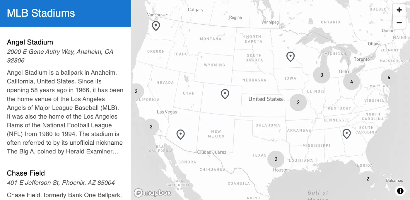 MLB stadiums map built with the component
